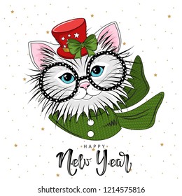 Cute festive cat with the inscription Happy New Year. Vector illustration.