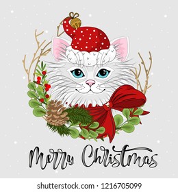 Cute festive cat with the inscription Merry Christmas. Vector illustration.