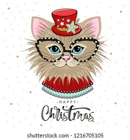 Cute festive cat with the inscription Merry Christmas. Vector illustration.