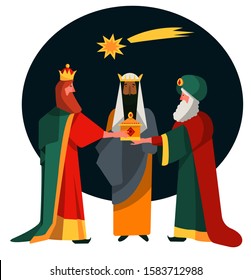 Cute festive Christmas illustration of Three Wise Men Kings with gifts for Baby Jesus in Nativity. Melchior, Caspar, Gaspar and Balthazar. Spanish tradition Dia de los Reyes Magos