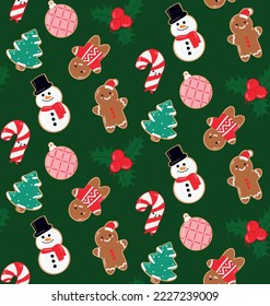 Cute and festive christmas pattern on green background. Gingerbread, christmas tree, snowman and candy cane. Ideal for printing, invitations, decoration on object, social networks. Vector illustration