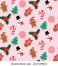 Cute and festive christmas pattern on pink background. Gingerbread, christmas tree, snowman and candy cane. Ideal for printing, invitations, decoration on object, social networks. Vector illustration.