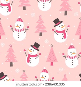 Cute and festive christmas pattern on pink background. Snowman and Christmas tree vector illustration for decoration. Vector illustration.