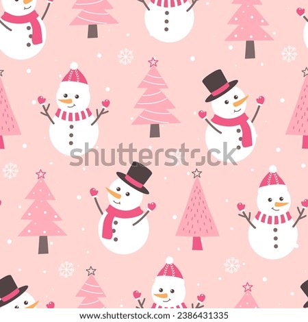 Cute and festive christmas pattern on pink background. Snowman and Christmas tree vector illustration for decoration. Vector illustration.