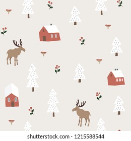 Cute festive Christmas seamless pattern with moose, red houses, snow fir trees and berries. Hand drawn kids nordic design. Winter vector illustration background.