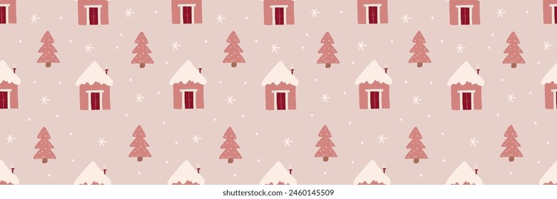 Cute festive Christmas seamless pattern with trees, pink houses, snow, and fir. Hand drawn kids nordic design. Winter vector illustration background. Seasonal winter holidays boho graphic design