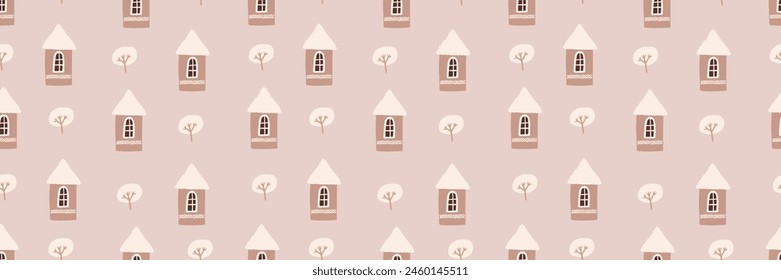 Cute festive Christmas seamless pattern with trees, pink houses, snow. Hand drawn kids nordic design. Winter vector illustration background. Seasonal winter holidays boho graphic design