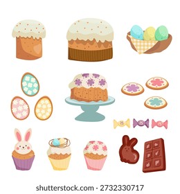 A cute and festive collection of Easter sweet treats featuring cupcakes, decorated cookies, chocolate bunny, candy wrappers with bunny illustrations, marzipan dessert