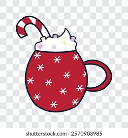 Cute festive cup with snowflakes, cacao, whipped cream, marshmallows, candy cane, with transparent background. Good for  stickers, textile prints, stamps, cards, banners, decorations, icons, ad posts