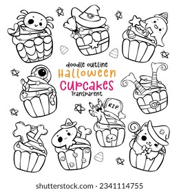 Cute and festive cupcakes costume doodle set with transparent vector illustrations bring a playful twist to your holiday celebration. Perfect for kids' designs, party decorations, and sweet-themed