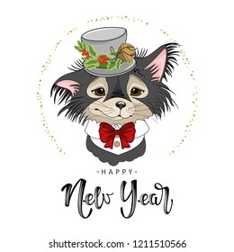 Cute festive dog with the inscription happy New Year. Vector illustration.