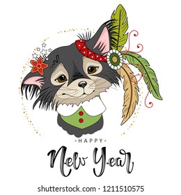 Cute festive dog with the inscription happy New Year. Vector illustration.