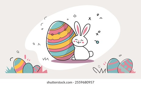 Cute festive Easter illustration featuring a cheerful white bunny sitting beside a colorful decorated egg