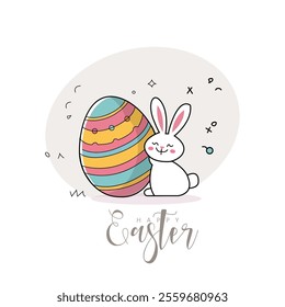 Cute festive Easter illustration featuring a cheerful white bunny sitting beside a colorful decorated egg