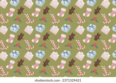 Cute festive elements in cartoon style, flat style. Seamless pattern, craft paper,  Textiles, wrapping paper, wallpaper. Christmas, new year, celebration