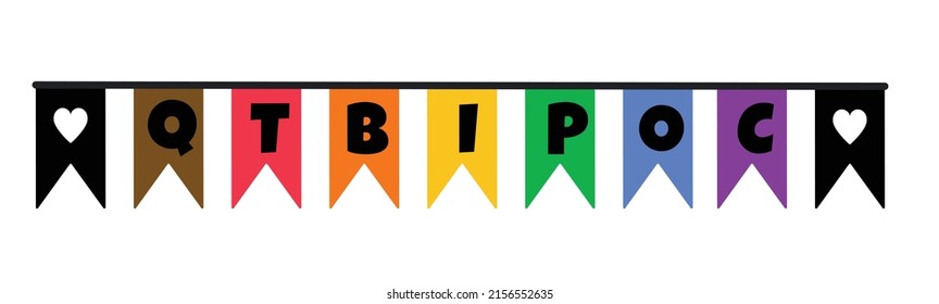 Cute festive flags bunting in color of LGBT flag with QTBIPOC acronym - Queer Trans Black Indigineous People of Color. Logo design for QTBIPOC Pride Week celebration. Vector design.