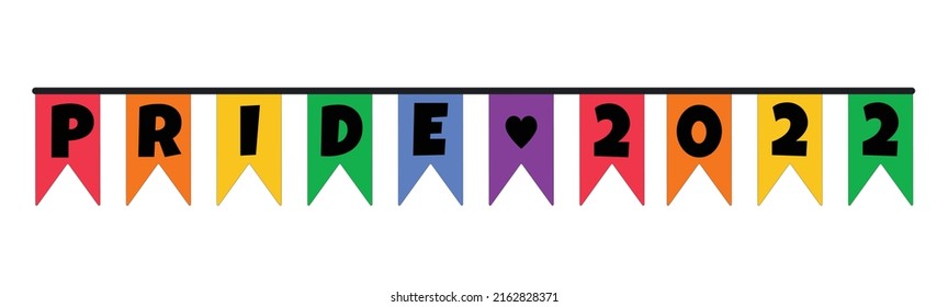 Cute festive flags bunting in color of LGBT flag with word Pride 2022. Cute Vector clip art design element decoration isolated for Pride Month 2022 celebration.