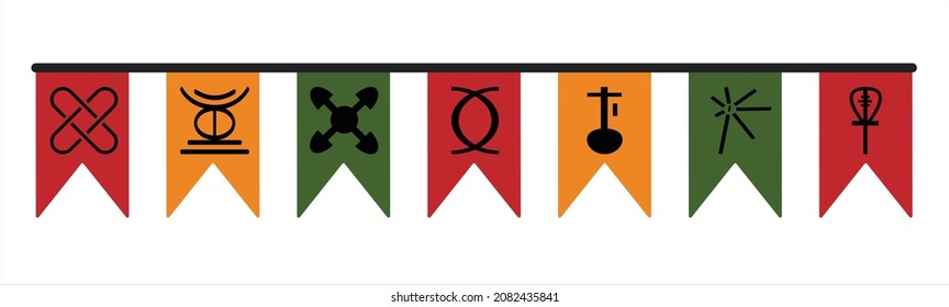 Cute festive flags bunting with seven principles of Kwanzaa symbols icons for Kwanzaa festival - traditional African American ethnic holiday. Vector clip art design element decoration isolated.