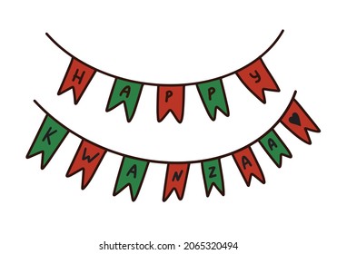 Cute festive flags bunting with text Happy Kwanzaa for Kwanzaa festival - traditional African American ethnic holiday. Vector clip art design element decoration isolated on white background.