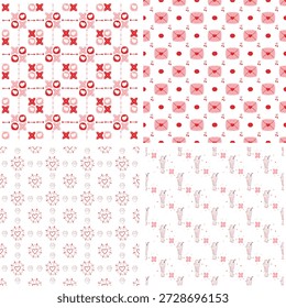 Um plano de fundo bonito e festivo sem costura apresentando texto XOXO e motivos de coração em vermelho, rosa e branco. Ideal para projetos do Dia dos Namorados, casamentos, aniversários, embrulho de presente, scrapbooking, impressões de tecido, papel de parede e papel de embrulho.