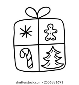 Cute festive gift box with gingerbread man, snowflake, Christmas tree and lollipop. Happy New Year. Winter time. Black and white vector isolated illustration hand drawn doodle. Holiday present