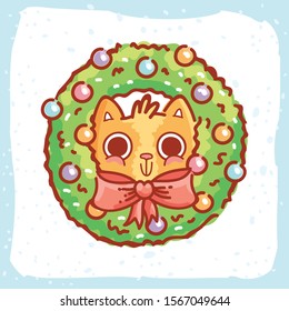 Cute Festive ginger Cat character in circle tree branch. Hand drawn holiday illustration in cartoon, doodle style for New Year and Christmas