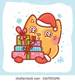 Cute Festive ginger Cat character holding gift boxes, presents with google eyes wearing Santa hat. Hand drawn holiday illustration in cartoon, doodle style for New Year and Christmas
