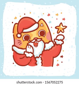 Cute Festive ginger Cat character as Santa Claus with snowflakes and stars. Hand drawn holiday illustration in cartoon, doodle style for New Year and Christmas