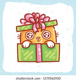 Cute Festive ginger Cat character sitting in gift box. Hand drawn holiday illustration in cartoon, doodle style for New Year and Christmas