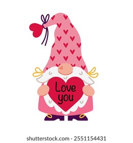 Gnomo festivo lindo que sostiene el corazón rojo. Enano divertido con barba, en traje rosa y sombrero. Saludo feliz del día de San Valentín, San Valentín romántico. Dibujado a mano elfo, Clipart de dibujos animados plana. Doodle para imprimir, tarjeta