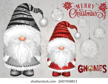 Cute festive gnomes in grey and red outfits.