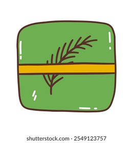 Caixa de presente verde festivo bonito com galho de abeto. Feliz Natal e Feliz Ano Novo. Feliz Aniversário. Vetor colorido isolado cartão ou cartão postal ilustração desenhado à mão rabiscar. Contorno do presente de feriado