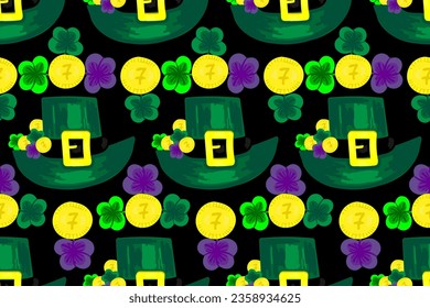 Cute, festive, green leprechaun's  magic hat with lucky coins and four leaves shamrock. Happy St. Patrick's Day. Irish myth. Seamless vector pattern for design and decoration.