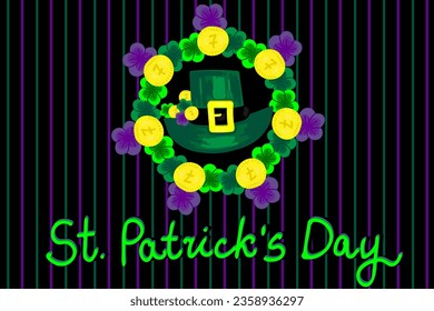 Cute, festive, green leprechaun's magic hat with lucky coins and four leaves shamrock. Happy St. Patrick's Day. Irish myth. GRETTING CARD.