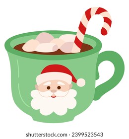 Cute festive green mug with ornament. Cup of tea, hot drinks, cocoa. Marshmallow and caramel. Christmas coffee mug in flat style. 
