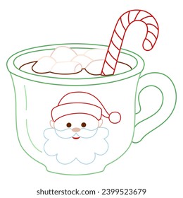 Cute festive green mug with ornament. Cup of tea, hot drinks, cocoa. Marshmallow and caramel. Christmas coffee mug in flat style. Line art.