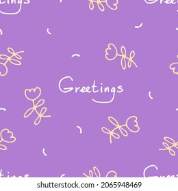 Cute festive greeting vector seamless pattern on various subjects. The perfect combination of purple and orange-beige in cartoon flowers with a calligraphic inscription