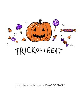 Cute and festive Halloween illustration with a smiling jack-o -lantern, colorful candies, mushrooms, and Trick or Treat text.