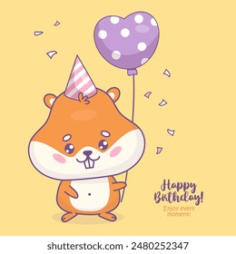 Cute festive hamster in birthday cap with balloon. Holiday card with cartoon kawaii character animal. Vector illustration. Kids collection