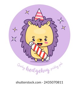Cute festive hedgehog. Cartoon character birthday boy in cap with large candy. Vector illustration. Funny kawaii animal. Kids collection.