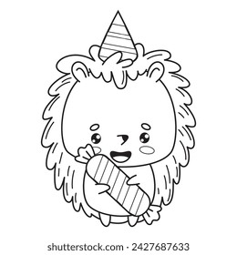 Cute festive hedgehog. Cartoon outline character birthday boy in cap with candy. Vector illustration. Funny kawaii animal. Line drawing, coloring book. Kids collection