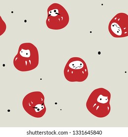 Cute & festive Japanese lucky Daruma doll seamless pattern. Cultural craft and gift themed pattern for fabrics, children, wall hangings, gift wrap, stationary, and interior design.