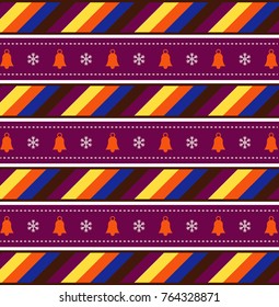Cute festive multicolor seamless  striped background  with christmas bells and snow flakes. Vector illustration, template, pattern, print for design. 