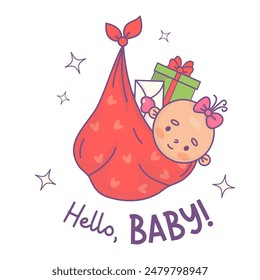 Cute festive newborn girl in bag bundle with gifts. Funny cartoon kawaii holiday infant character. Vector illustration. Kids collection. Hello, baby card