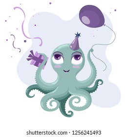 Cute festive octopus celebrate Happy Birthday with gift and baloon and confetti in blue, mint and purple pastel colors