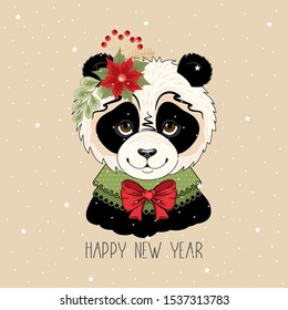 Cute festive Panda with the inscription happy New Year. Vector illustration.