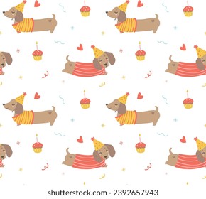 Cute Festive party dog seamless pattern, dachshund sausage dog cartoon isolated on white background.