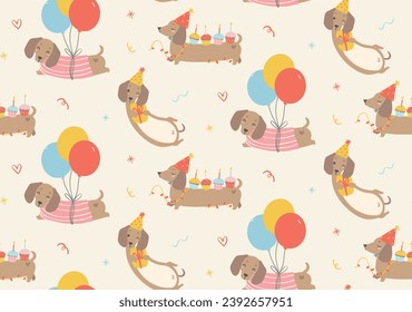 Cute Festive party dog seamless pattern, dachshund sausage dog cartoon isolated on white background.