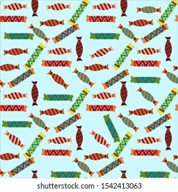 Cute festive pattern with elements for New Year and Christmas sweets, multi-colored packaging, candies .Vector illustration