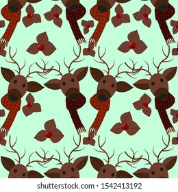 Cute festive pattern with a New Year's deer in a beautiful knitted scarf with berries and leaves. Vector illustration.